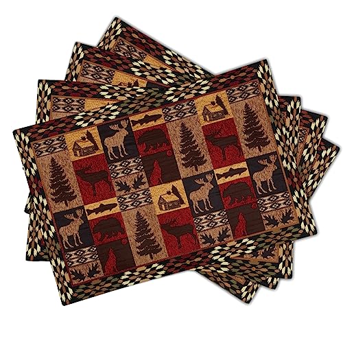 Lodge Placemats Set of 4 18' x 12', Rustic Oriental Bear Deer Fish Print Table Mats Heat-Resisting Non Slip Reversible Burlap Coffee Place Mats for Party Dining Table Kitchen Decor and Accessories