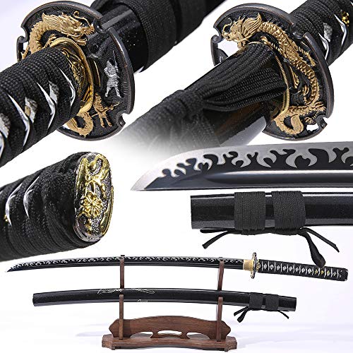 Eroton-Handmade Samurai Katana Sword Real,Full Tang Heat Tempered 1045/1060 High Carbon Steel Functional,41 Inches for Room Decoration Gift Cosplay Black…