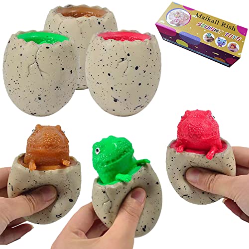 Maikall Rish Funny Dinosaur Toy 3Pcs Colorful Evil Dinosaur Pop Out Eggs Cute Sensory Squeeze Fidget Toys for Adults Kids Stress Relief (Boxed)
