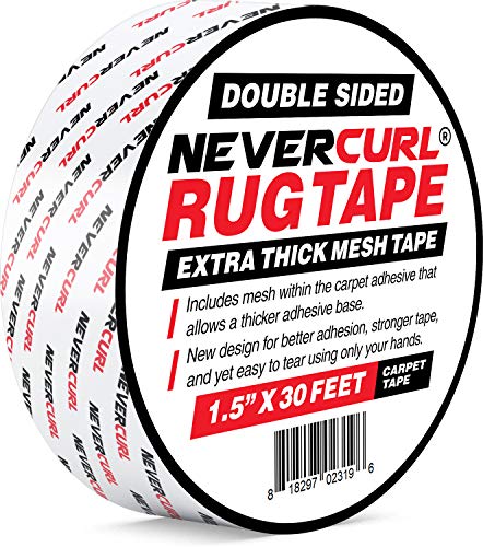 iPrimio NeverCurl Double Sided Extra Thick Rug Tape for Area Rugs on Carpet with Mesh Fabric - 1.5' by 30 Feet Roll - Anti Slip Non Skid Gripper Tape for Rugs, Mats, Pads, Runners