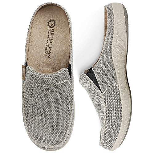 House Slippers for Men, Canvas House Slipper for Men with Suede Insole and Velvet Lining, Slip on Clog House Shoes with Indoor Outdoor Anti-Skid Rubber Sole, Grey