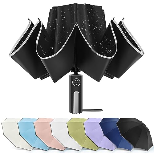 Bodyguard Large Windproof Inverted Umbrellas for Rain & Sun - Travel Folding Compact UPF 50+ Automatic Umbrella with Reflective Stripe, UV Protection For Walking, Black-46IN