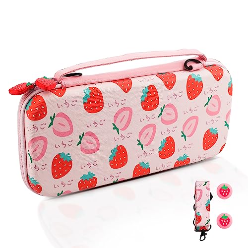 HYPERCASE Strawberry Carrying Case for Nintendo Switch Lite, Portable Accessories Bundle with Pink Switch Lite Storage Bag, Shoulder Strap & 2 Cute Thumb Caps, Built-in 8 Game Card Slots for Girls