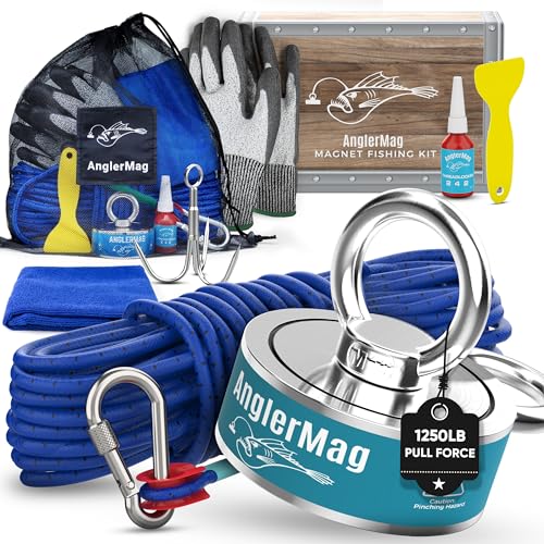 AnglerMag Magnet Fishing Kit, 1250 lbs Double Sided Magnetic Fishing Kit with Rope, Carabiner, Gloves, Grappling Hook & Carrying Bag, 10 Piece Complete Set Fishing Magnet Kit