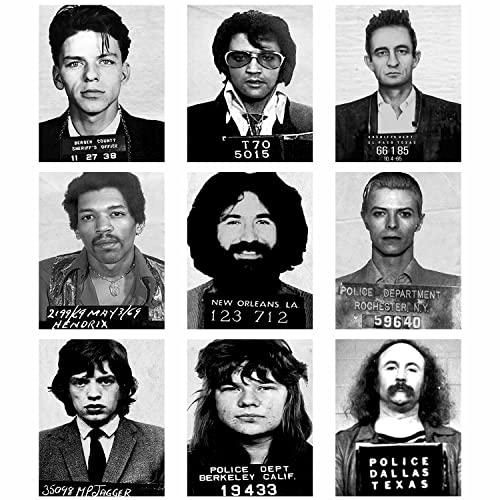 Musician Mugshot Poster - Bowie Elvis Johnny Cash Jerry Garcia Jimi Hendrix Mick Jagger Frank Sinatra David Crosby Janice Joplin - Vintage Rock Band Posters Wall Art - Set of 9 Unframed 8x10 Prints