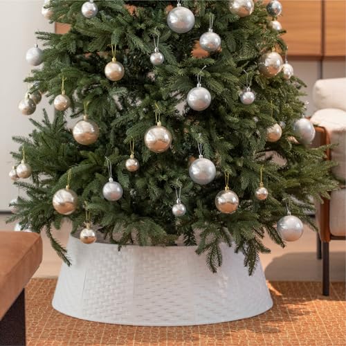 Christmas Tree Collar Round Christmas Tree Skirt Ring Base Stand Durable Plastic Cover Christmas Tree Decorations for Xmas Tree 28 inch Simple(White,Large)