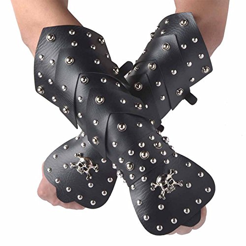 HZMAN 2PACK Black Leather Martial Arts Forearm Guards/Gauntlet Arm Armor with Metal Skull Spikes