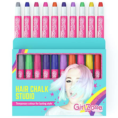 GirlZone Hair Chalks Set, 10-Piece Temporary Hair Chalk For Kids, Easy to Apply and Remove Temporary Hair Color for Kids Dress Up Parties, Role Play, Gift-Ready Vibrant Girls Hair Chalk Set