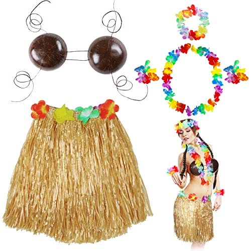6 Pcs 15.7 Inch Coconut Bra Hawaiian Grass Hula Skirt Costume Set Dance Leis Outfit for Women Luau Party Supplies (Brown)