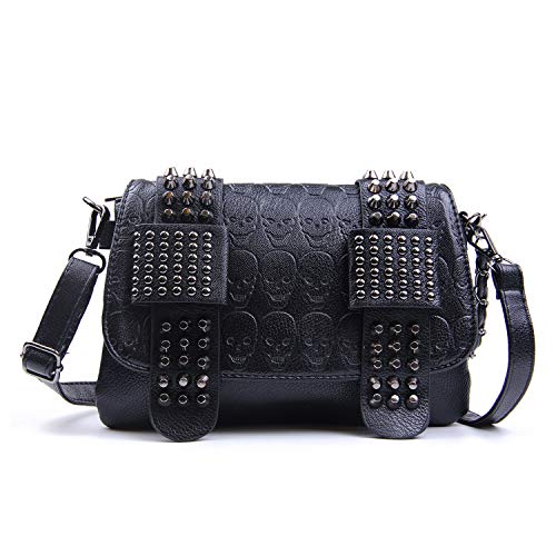 SUKUTU Womens Punk Skull Rivet Shoulder Bag PU Leather Goth Crossbody Bag with Chain Wallet Purse for Girls