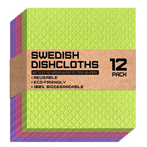 12 PCS CFQ Swedish Dishcloths Cellulose Sponge Cloth, Environmentally Friendly and Odorless Reusable Kitchen Cleaning Cloth, Absorbent Dishcloth and Dish Towel Set (12 Dishcloths-Assorted)