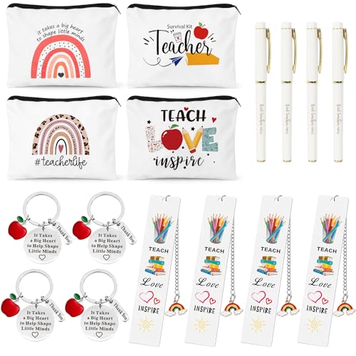 UAREHIBY 16 PCS Teacher Christmas Gifts in Bulk,Thank You Teacher Gifts With Makeup Bags,Teacher Appreciation Week Keychain,Bookmark Gifts for Teachers,Best Teacher Ever Pen Gifts