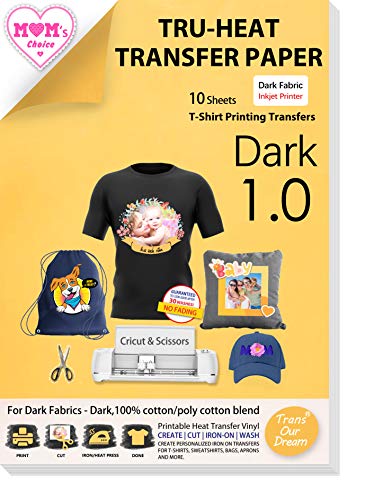 TransOurDream Tru-Heat Transfer Paper for Inkjet Printer (10 Sheets, 8.5x11') Printable Heat Transfer Vinyl for T Shirts Iron on Transfers for Dark Fabrics