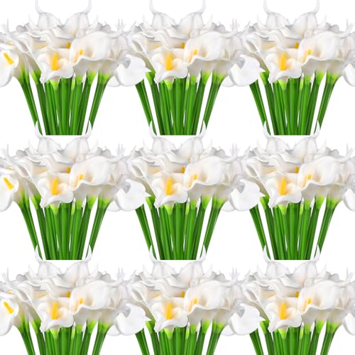 Hanaive 100 Pcs Fake Calla Lily Real Touch Calla Lily Flower for Wedding Bouquet 13.4' Artificial Flowers Calla Lily Faux Flower for Home Kitchen Wedding Bouquet Mother's Day Decoration(White)