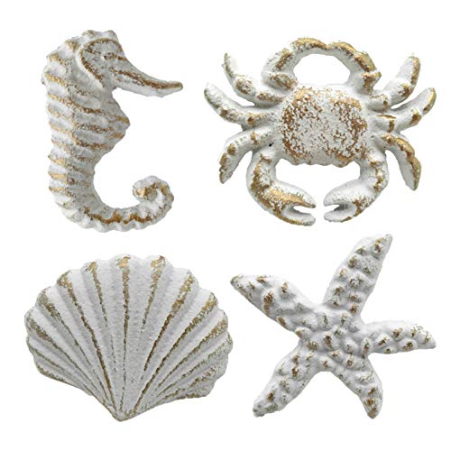 Joyindecor Ocean Cabinet Knobs for Dresser Cupboard Wardrobe Cabinet Kitchen, Distressed Cast Iron Beach Theme Drawer Pulls Handles, Seahorse, Starfish, Seashell and Crab, Pack of 4 (White)