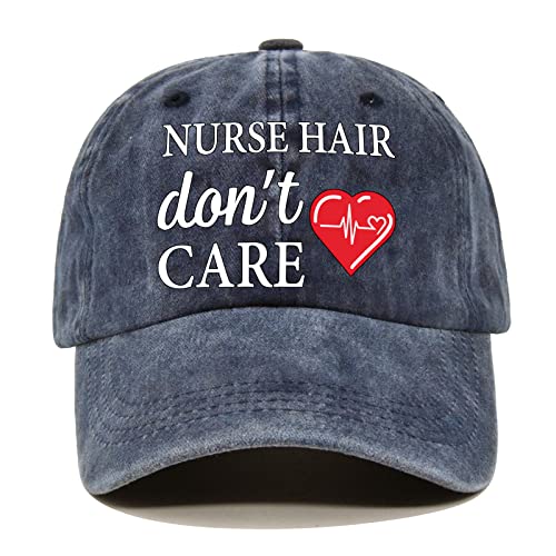Pishovi Nurse Hair Don't Care Distressed Washed Blue Baseball Cap, Vintage Adjustable Cotton Cap, Graduation Gifts for Nursing Students, Birthday for Nurses, MD, RN
