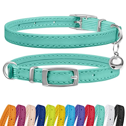 CollarDirect Leather Cat Collar with Bell - Kitten Collar, Small and Big Cat Collar for Boy Cats, Girl Cats with Safety Elastic Strap (Neck Fit 8'-11', Mint Green)