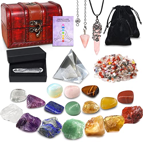 23PCS Natural Crystals and Healing Stones Set, 7 Raw Chakra Stones,10pcs Tumbled Stones, Pink Pillar Crystal Necklaces & Pendulum, White Pyramid & Pillar, 50g Stones Assorted, Wooden Box