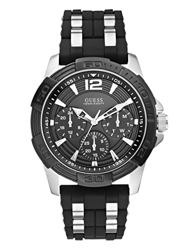 GUESS Black Stainless Steel Stain Resistant Silicone Watch with Day, Date + 24 Hour Military/Int'l Time. Color: Black (Model: U0366G1)