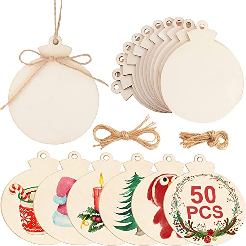 OurWarm 50pcs Round Christmas Wooden Ornaments for Crafts, 4' Unfinished Wood Ornaments Blank Predrilled Natural Wood Slices, DIY Christmas Tree Ornaments Hanging Decorations
