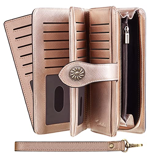 Travelambo Womens Wallet Large Capacity RFID Blocking Genuine Leather Wristlet Wallets(Rose Gold)