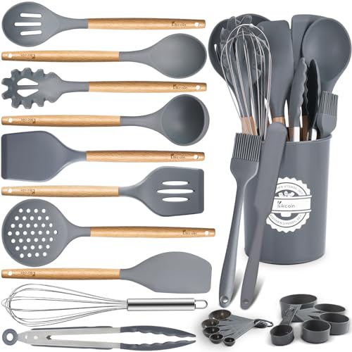 23 PCS Kitchen Utensils Set, Kikcoin Wood Handle Silicone Cooking Utensils Set with Holder, Spatulas Silicone Heat Resistant Cooking Gadgets for Nonstick Cookware, Grey