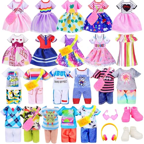 ENOCHT 26 PCS Chelsea Doll Clothes and Accessories Include 5 Tops, 5 Pants for Boy Dolls, 5 Dresses for Girl Dolls and 2 Shoes, 10 Outfits Hangers Pocket Glasses Headset for 5.3 Inch - 6 Inch Dolls