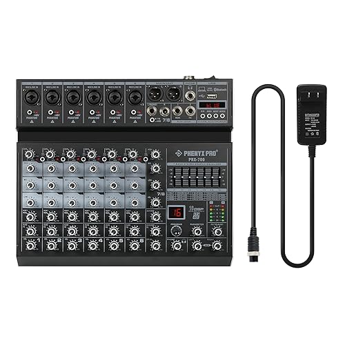 Professional DJ Mixer Audio, Phenyx Pro Sound Mixer, 8-Channel Sound Board Audio Mixer w/Bluetooth & USB Audio Interface, Stereo Equalizer, 16 DSP Effects, 3-Band EQ, For Studio & Stage (PRX-700)