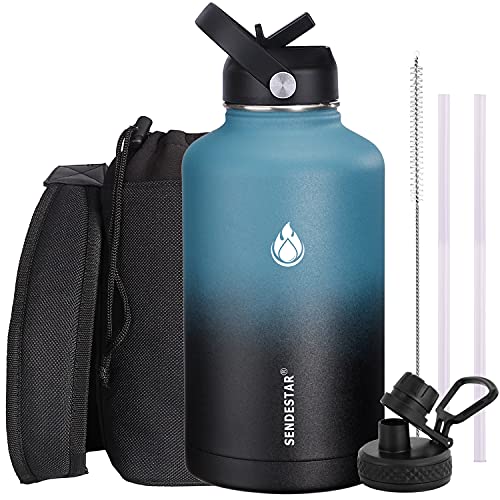 SENDESTAR Water Bottle 64oz Double Wall Vacuum Insulated Leak Proof Stainless Steel Sports Water Bottle—Wide Mouth with New Flex Straw Lid & Spout Lid (Deep Blue&Black)