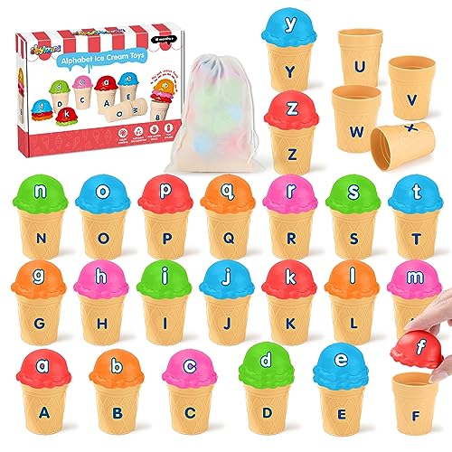 Shylizard Alphabet Ice Cream Toy Set for Kids Age 2 3 4 5, Color Sorting Recognition Toys, Toddler ABC Learning Toys, Alphabet Matching Toys, Fine Motor Skills Toys, Preschool Educational Toy for Kids
