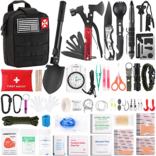 Survival First Aid Kit, 248PCS Survival Tools Camping Essentials Tactical Gear Emergency Trauma Medical Supplies Packed in a MOLLE Pouch, Saber Card ,Cool for Men Camping Hiking Outdoor Activities