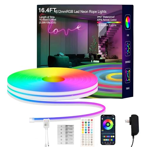 MFWW Neon Rope Lights, 16.4FT RGB LED Strip Lights App Control,IR remote,Music Syncing,Outdoor IP67 Waterproof,Flexible DIY Design for Bedroom,Living,Gaming,Party Decoration