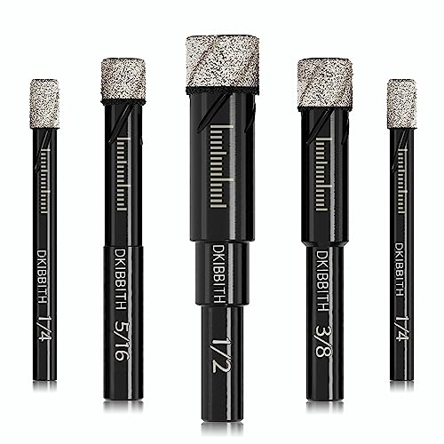 Dry Diamond Drill Bits Set, 5 PCs Tile Drill Bits for Porcelain Ceramic Granite Marble Stone Glass Hard Materials, Round Shank 1/4, 5/16, 3/8, 1/2 inch with Storage Case