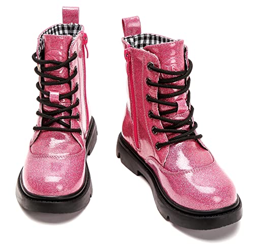 DADAWEN Boys Girls Waterproof Lace Up Glitter Mid Calf Combat Boots With Side Zipper for Toddler/Little Kid/Big Kid Hot Pink Glitter US Size 3 M Big Kid
