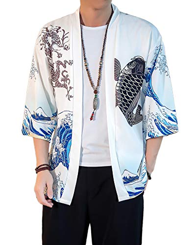 PRIJOUHE Men's Lightweight Kimono Jacket Seven Sleeve Open Front Cardigan Coat Japanese Style Bathrobe