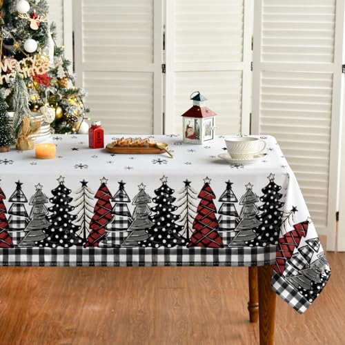 Horaldaily Christmas Tablecloth 60×84 Inch Rectangular, Christmas Trees Buffalo Plaid Black Washable Table Cover for Party Picnic Dinner Decor