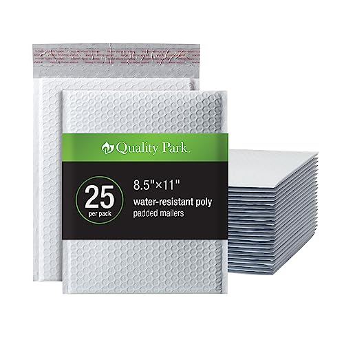 Quality Park Bubble Mailers, 8.5 x 11 Inch, White Poly Mailers, Padded Envelopes, Shipping Envelopes, Water Resistant, Self Seal, 25/Box (QUA85859)