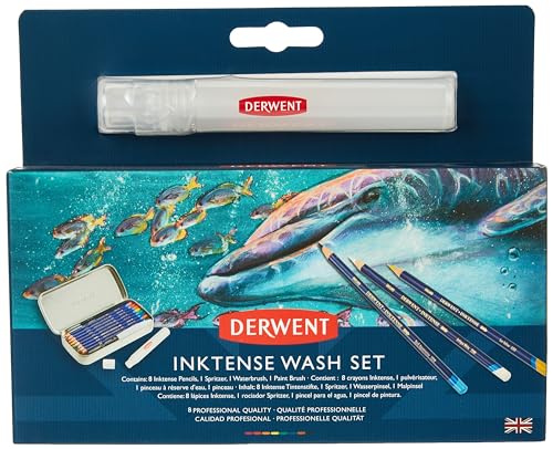 Derwent Inktense Wash Set, Set includes 8 Inktense Pencils, 1 Spritzer, 1 Waterbrush, 1 Paint Brush, Premium 4mm Round Core, Watersoluble, Use on Paper or Fabric, Professional Quality (2302584)
