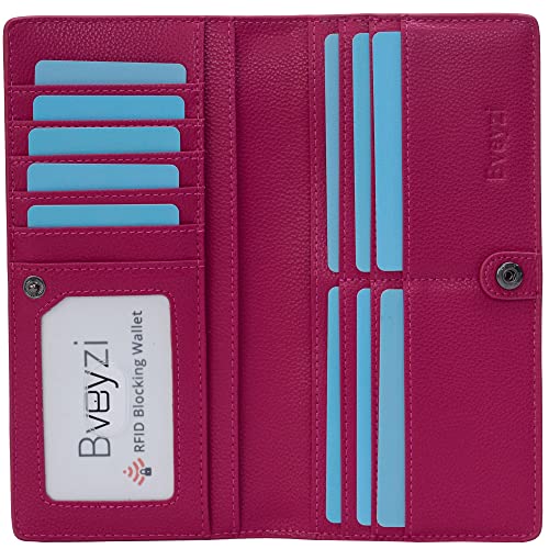 Bveyzi Ultra Slim Thin Leather RFID Blocking Credit Card Holder Bifold Clutch Wallets for Women (Hot Pink)