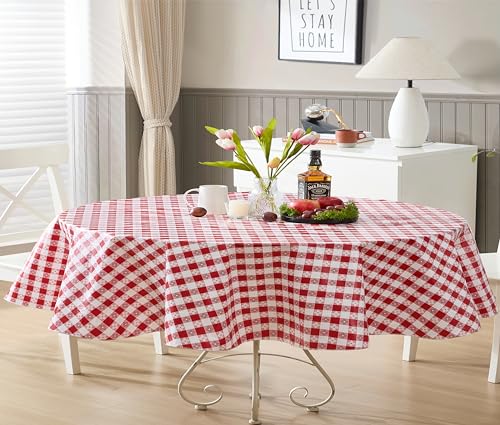 Newbridge 60 x 84 Inch Oval Vinyl Tablecloth with Flannel Backing, Bistro Tavern Check, Café Checkered Indoor Outdoor Vinyl Table Cover for Picnic, Barbecue and Patio Dining, Red