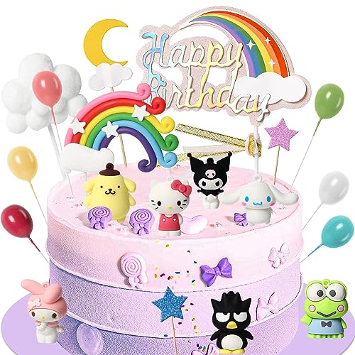 19pcs Kitty Cake Topper Rainbow Balloon Hello Birthday Party Cake Decorations Supplies Set, Mini Colorful Party Decor Favors for Kids Girls Boys Happy Birthday Baby Shower