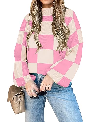 ZESICA Women's 2023 Casual Turtleneck Long Lantern Sleeve Oversized Ribbed Knit Pullover Sweater Jumper Top,PinkPlaid,Medium