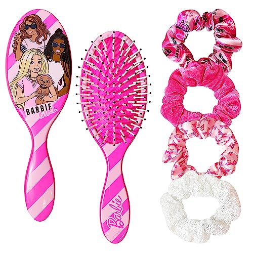 Barbie Hair Brush and 4 Scrunchies Set - Detangling Brush and Elastic Hair Ties for Girls Ages 3+