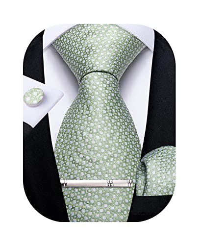 DiBanGu Sage Green Tie for Men Silk Necktie Pocket Square Cufflinks Tie Clip Set Wedding Business