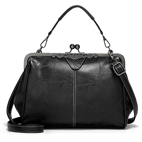 BelonYou Women Retro Kiss Lock Handbags Oil Wax PU Shoulder Bag Vintage Purses Small Tote Messenger Bags Satchels Black