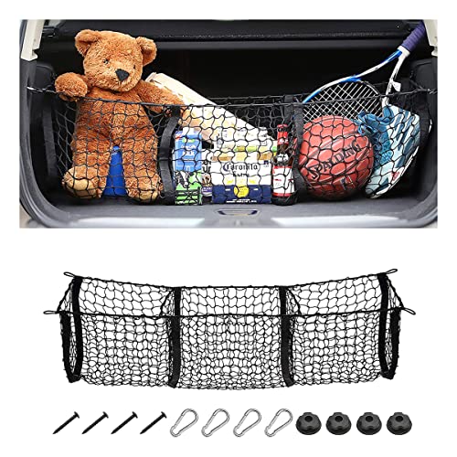 Cargo Net for Car, Expandable 3 Pocket Heavy-Duty Cargo Net Organizer, Black Mesh Storage Pocket with 4 Metal Carabiners Universal for Car, SUV, Pickup Truck, Van Trunk Bed
