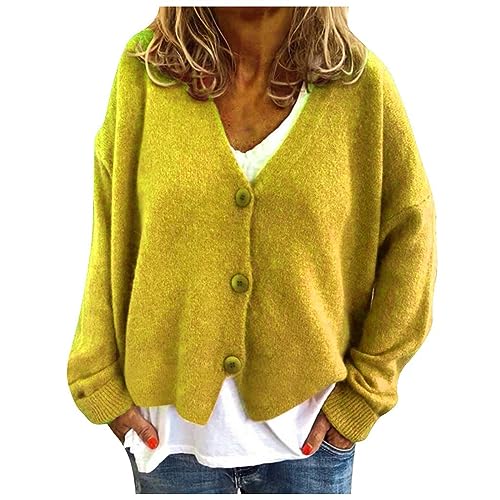 ZZWXWA Womens Jackets Solid Knit Sweater Cardigan Oversized Long Sleeved Jacket Warm Button Clothes Casual Coat Fall Outfits Yellow