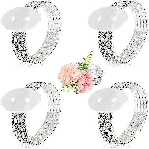 Bonuci 4 Pieces Corsage Wristlet Bands Rhinestone Bracelet Wristlets Stretch DIY Wedding Wristband Corsage Accessories Bracelets for Wedding Party Prom Bride Shower Party Anniversary (Silver)