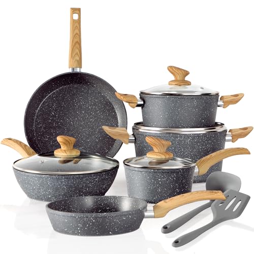 Kitchen Academy Induction Cookware Sets - 12 Piece Gray Cooking Pan Set, Granite Nonstick Pots and Pans Set