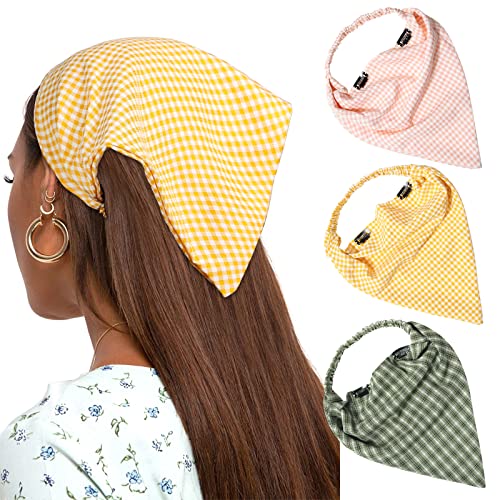 AWAYTR Floral Head Kerchief Hair Scarf - 3PCS Chiffon Hair Bandanas Print Floral Hair Scarf Headband with Hair Clip Kerchief Head Scarf Bandana for Women (Plaid(Green/Yellow/Pink))